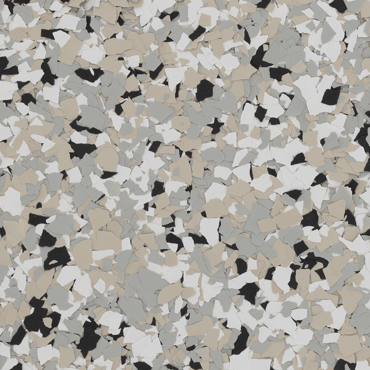 Cabin Fever flake blend spread across a floor: gray, white and tan