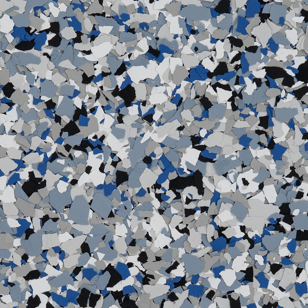 Comet flake blend spread across a floor: blue, white and gray